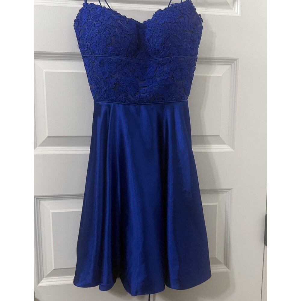 Sherri Hill Satin Royal Blue Dress Sz 0 Floral Lace Bodice Corset Back HOCO